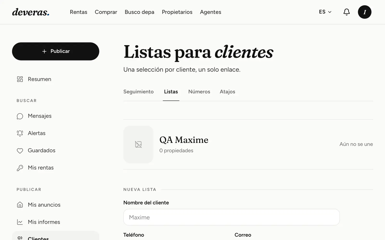 Una lista de propiedades preparada para un cliente