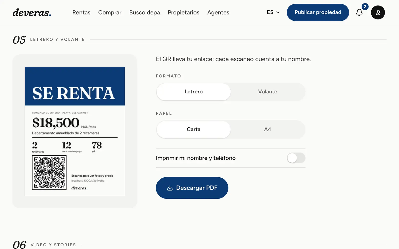 Letrero “Se renta” tamaño carta con precio, tres datos y código QR