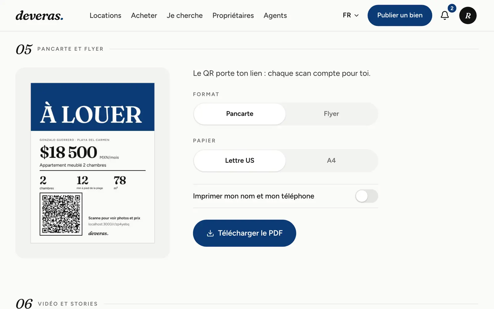 Pancarte « À louer » format lettre avec prix, trois infos et un QR code
