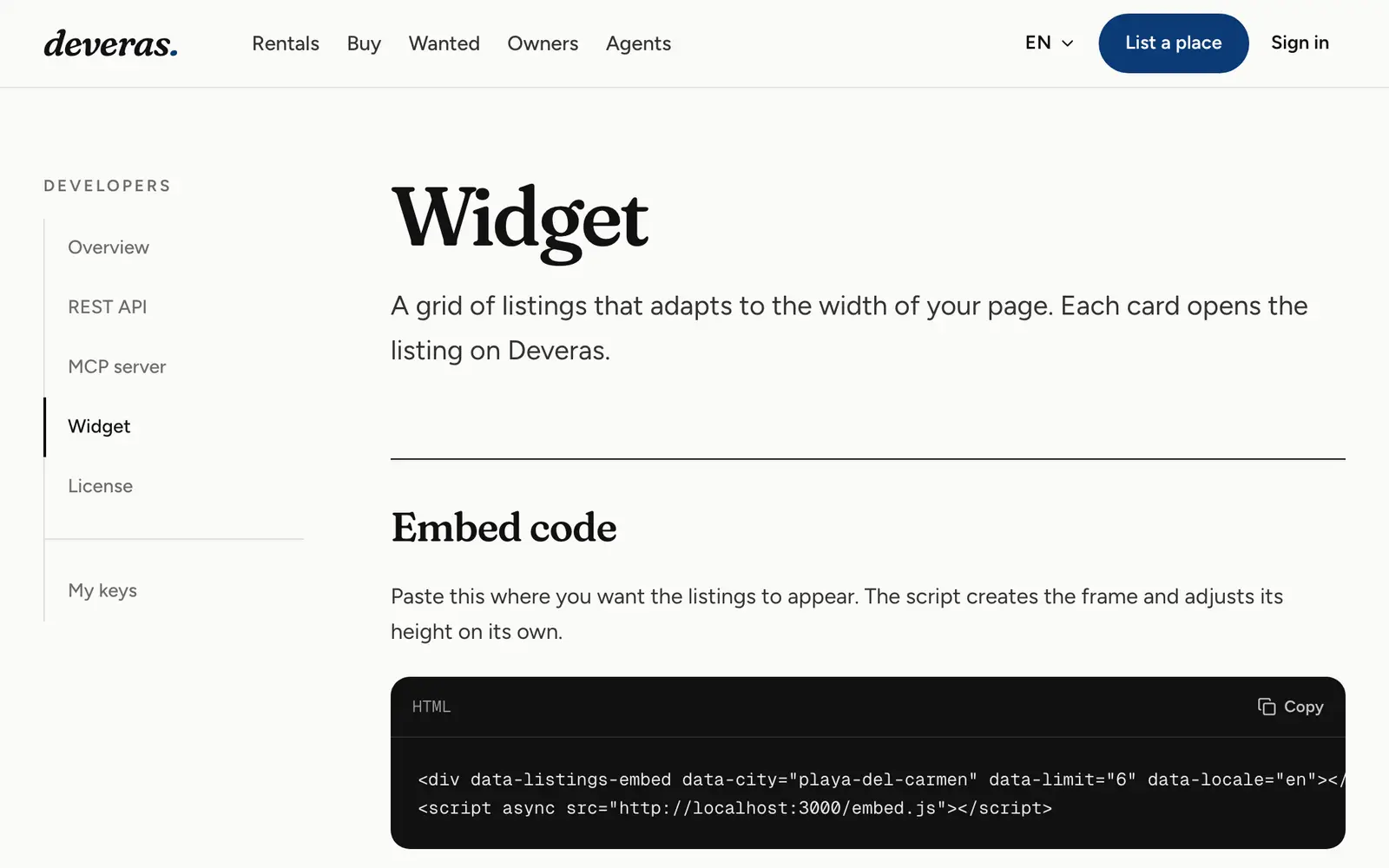 Docs for the widget that embeds listings on a website