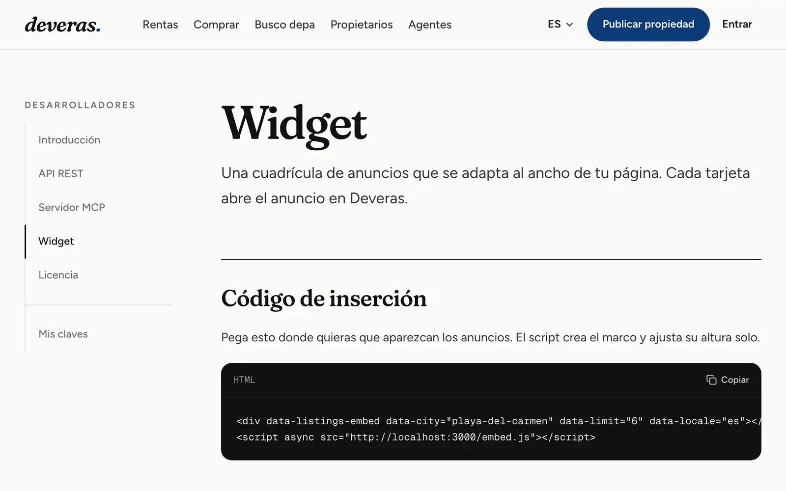 Documentación del widget para incrustar anuncios en una web