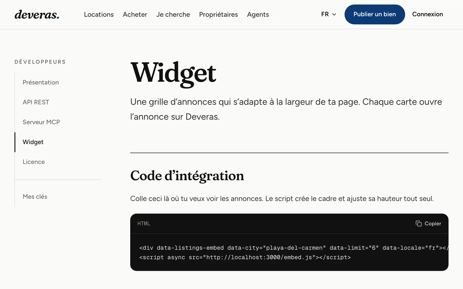 Documentation du widget pour intégrer des annonces sur un site