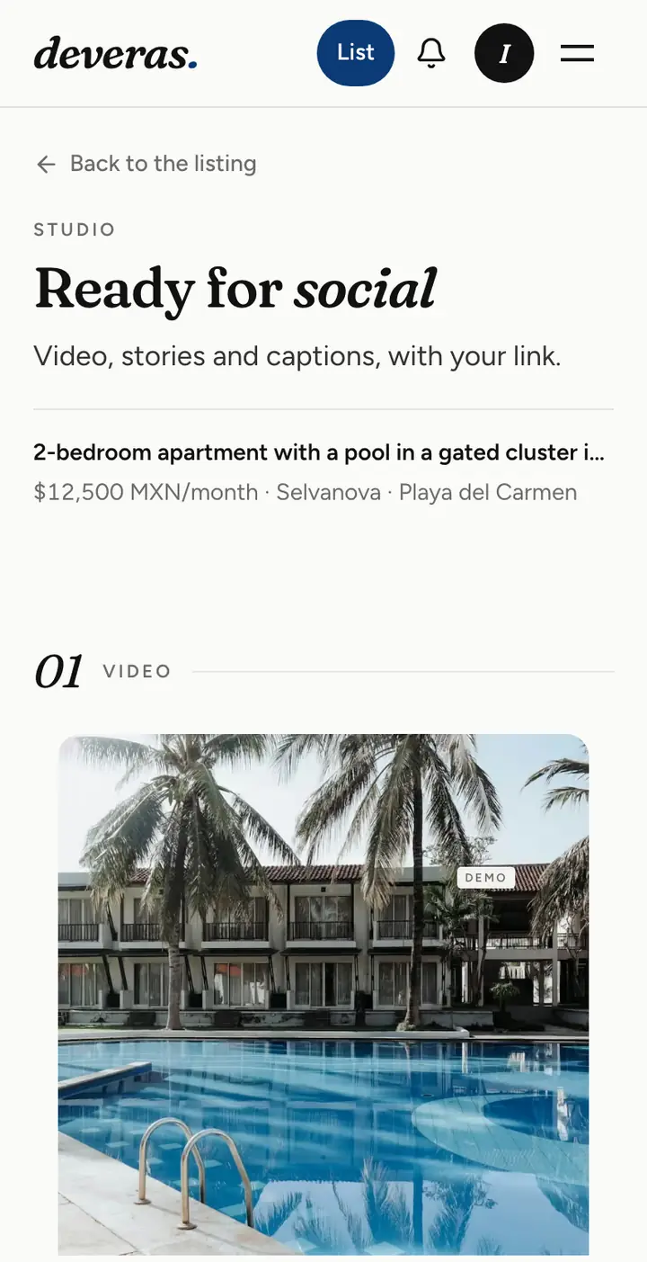 The Deveras studio on a phone: video, stories and captions for a listing