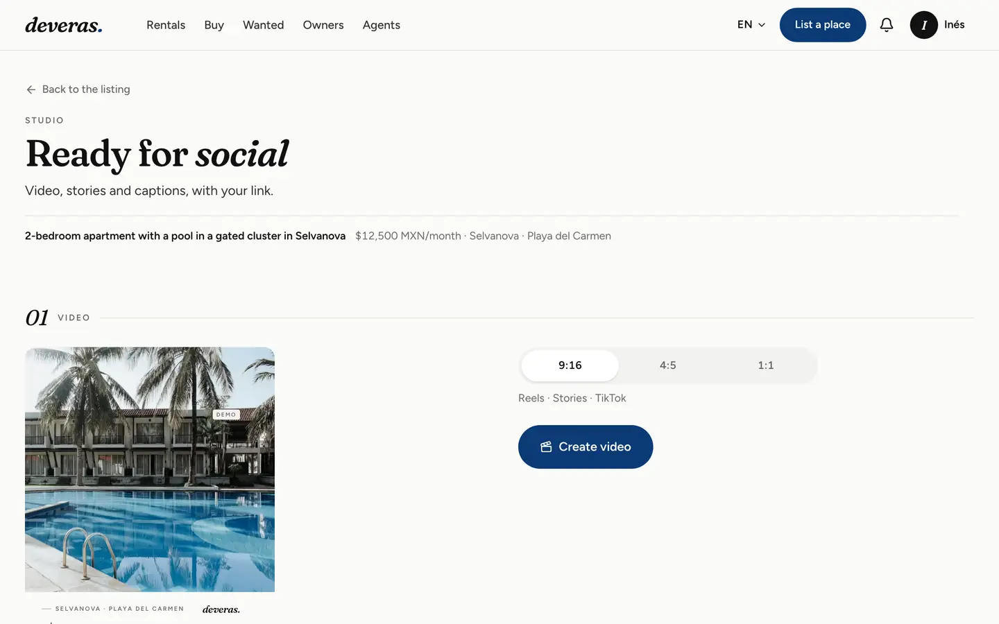 A listing's studio: video, stories and posts ready to download