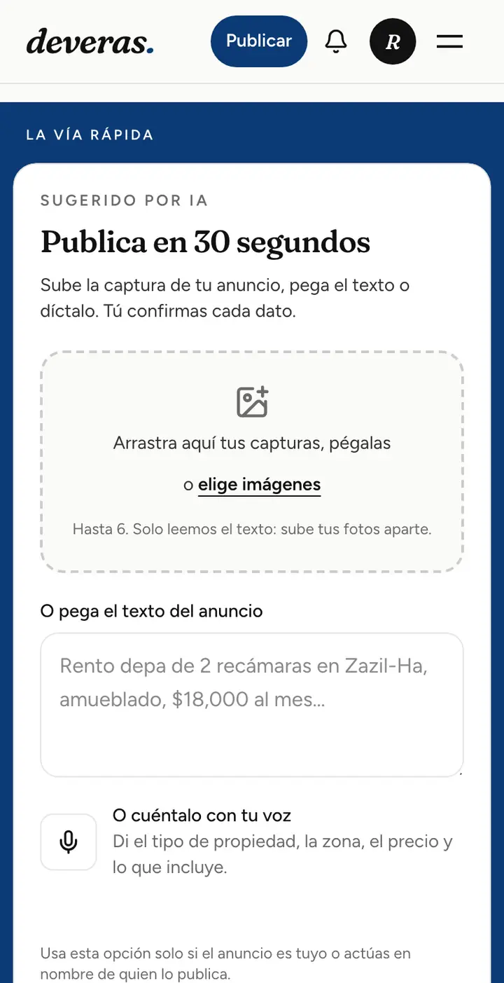 Publicar en Deveras: sube capturas, pega el texto o dicta el anuncio