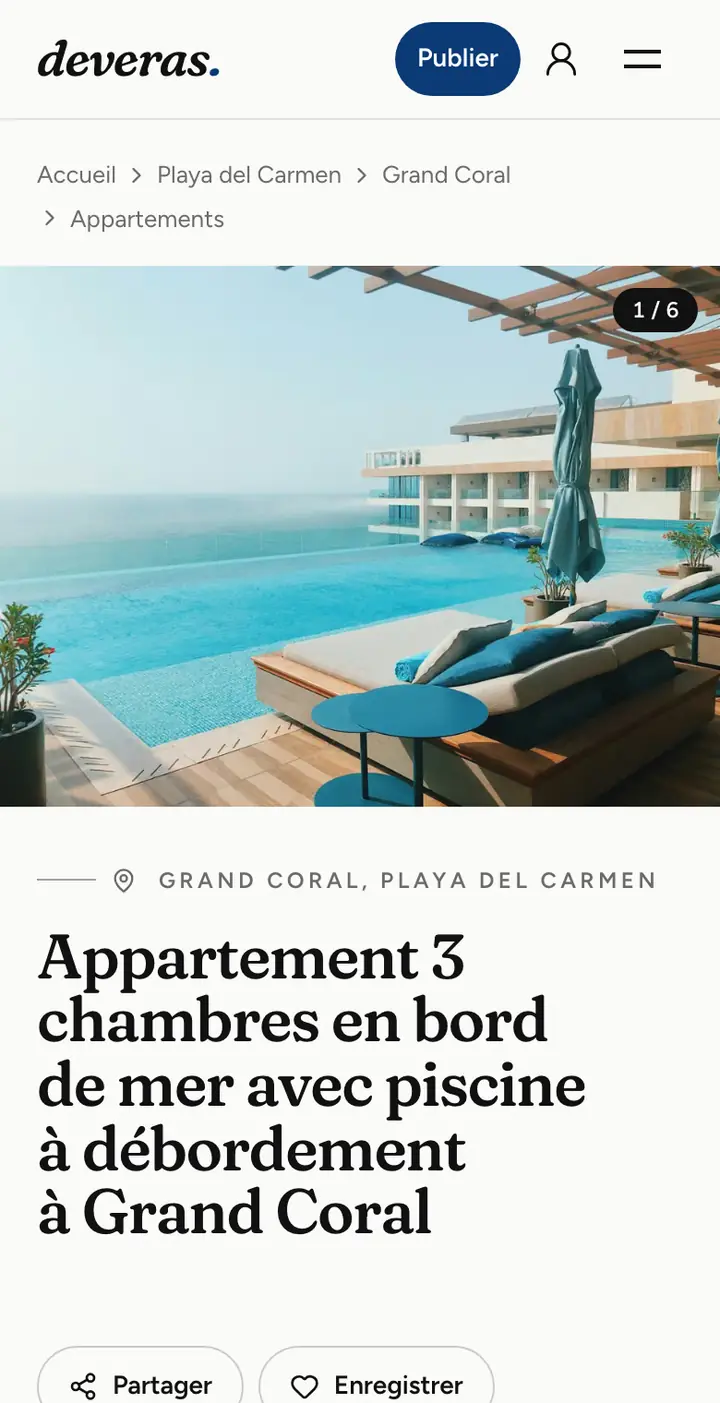 Une annonce sur Deveras vue sur téléphone : grande photo, quartier et titre